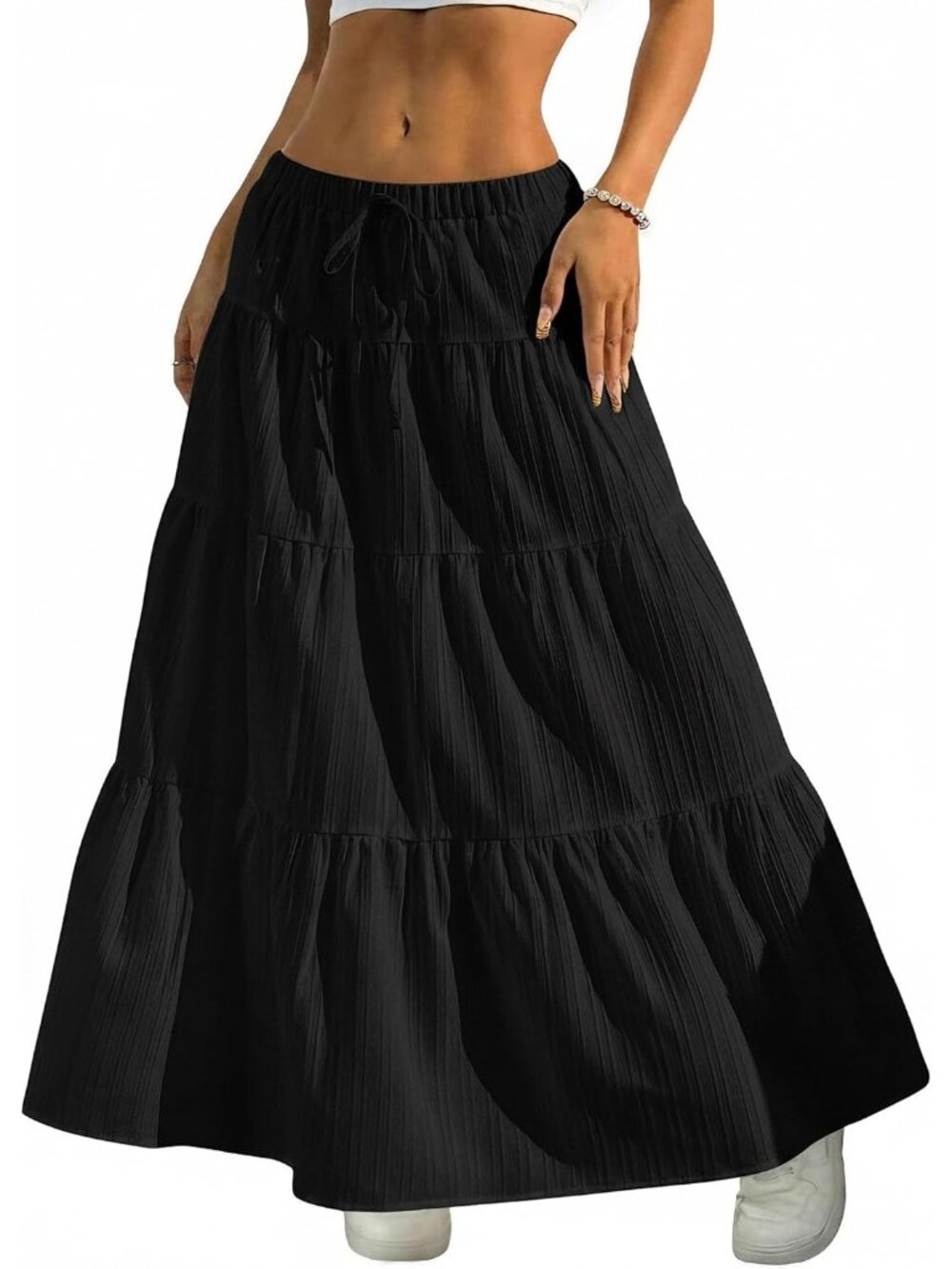 Women's Boho Flowy Black Maxi Skirt Flared Ruffle A Line Spring Long Skirts